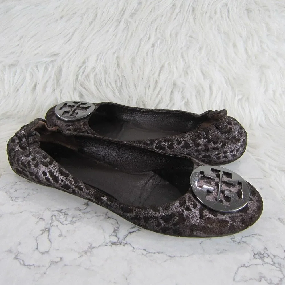 Tory Burch Reva Flats Iridescent Leopard Print Brown Silver Size US 9